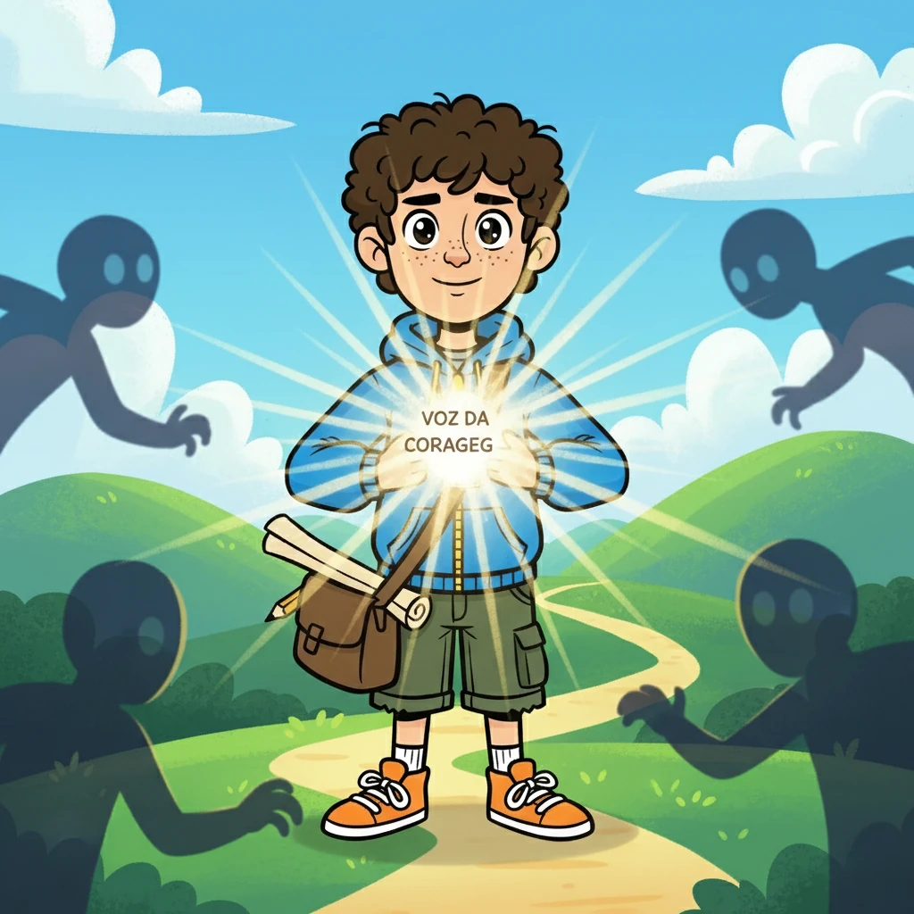 Matias percebeu que ele é mais esperto que o medo, pois ele tem o poder de controlar sua mente. A cena mostrará Matias, forte e confiante, com a Voz da Coragem brilhando intensamente.