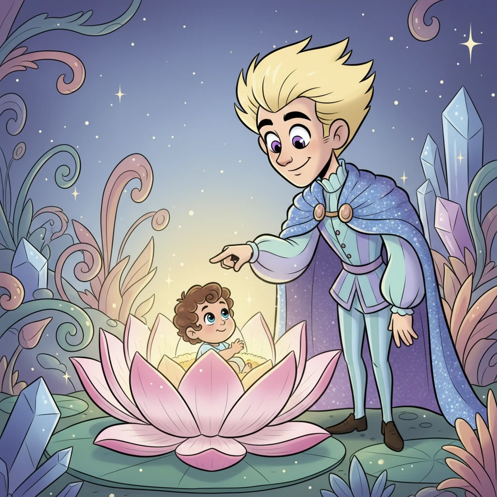 Jareth, the whimsical King of the Crystal Kingdom, with his tall, spiky hair and sparkling cloak, discovers a tiny, smiling baby nestled gently within a giant, glowing lotus flower in his magical garden. His expressive face shows surprise and immediate tenderness as the flower softly glows around the infant. He carefully reaches out a long, gloved finger.