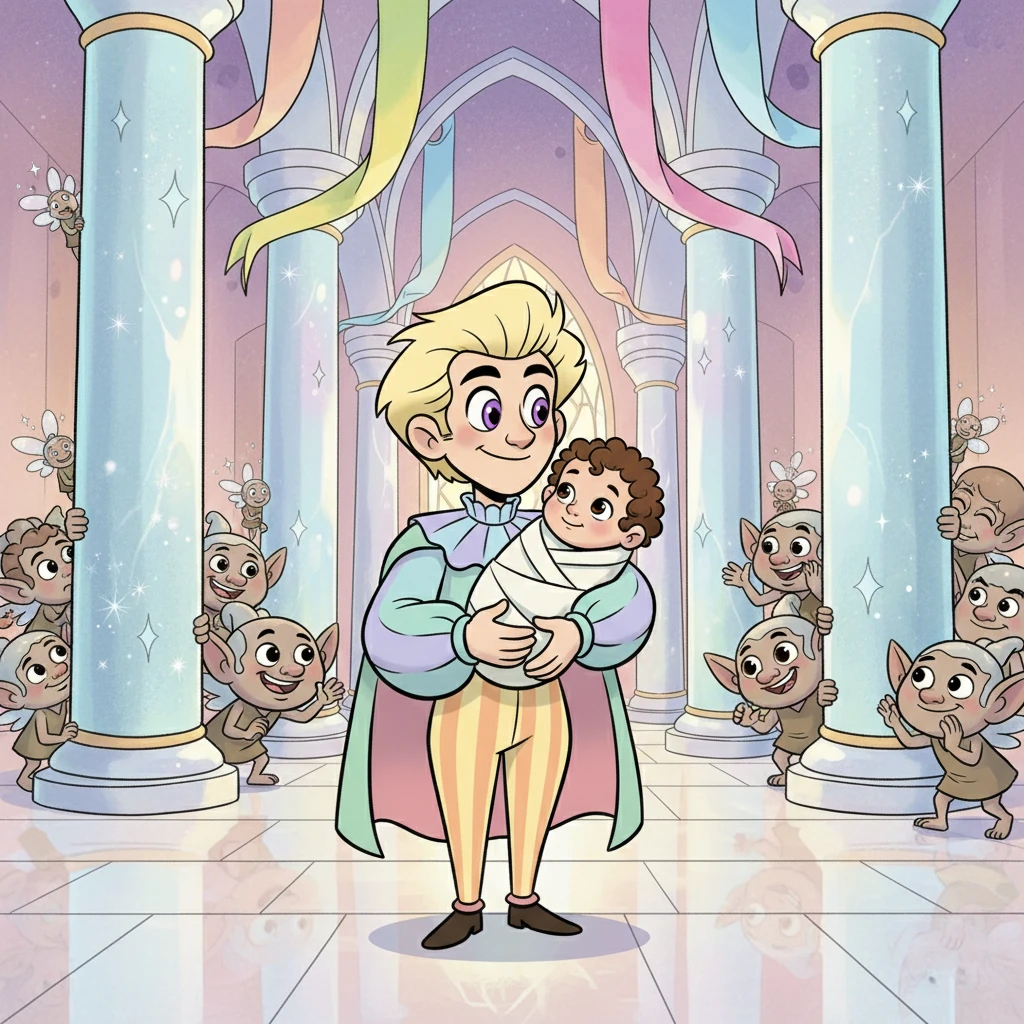 Jareth, holding the swaddled baby Christine close, enters his magnificent, glittering castle, where friendly, exaggeratedly styled goblins and mischievous sprites peek out from behind grand, crystal pillars. They all wear joyful, curious expressions, welcoming the new arrival with tiny cheers and sparkling dust. The castle hall is adorned with flowing, colorful banners.