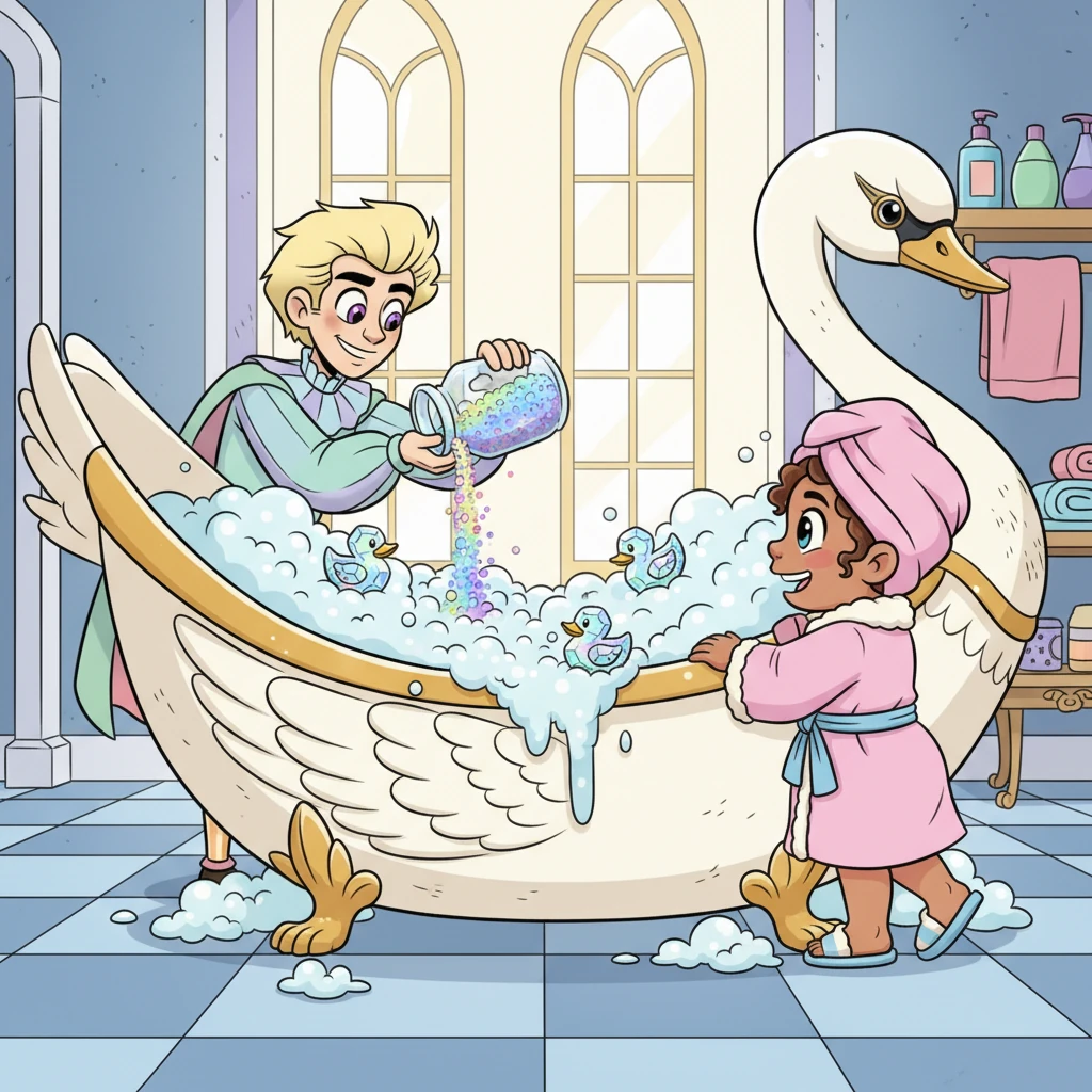 It's bath time in a grand, whimsical bathroom! Jareth, with his playful, exaggerated movements, carefully pours shimmering, rainbow-colored bath salts into a giant, ornate bathtub shaped like a swan, creating mountains of bubbly foam. Rubber ducks shaped like tiny crystal creatures float happily on the surface. Christine, in a fluffy towel, watches with wide, excited eyes.