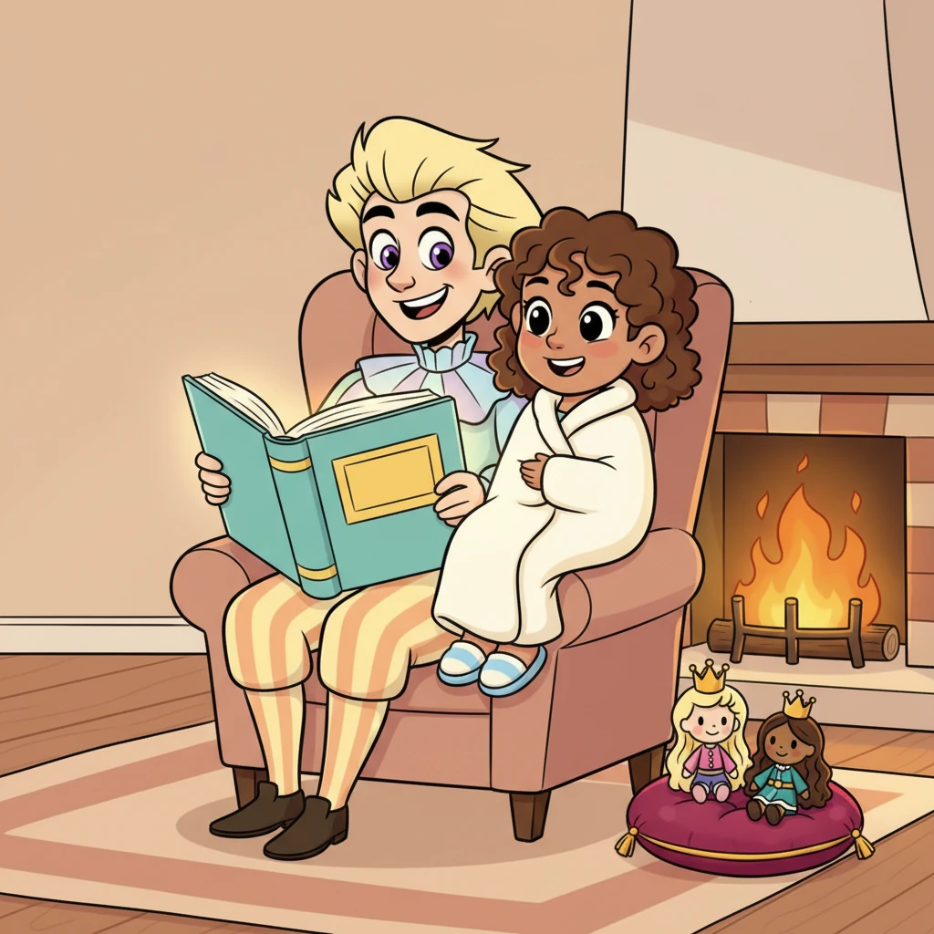 After her delightful bath, Christine is wrapped snugly in a plush, enchanted towel that glows softly. Jareth sits by a cozy, crackling fireplace, reading her a magical story from an enormous, brightly colored book. Beside them, on a tiny, velvet cushion, sit two adorable, handcrafted dolls, one with a regal crown and one with flowing hair, representing her beloved imaginary parents.