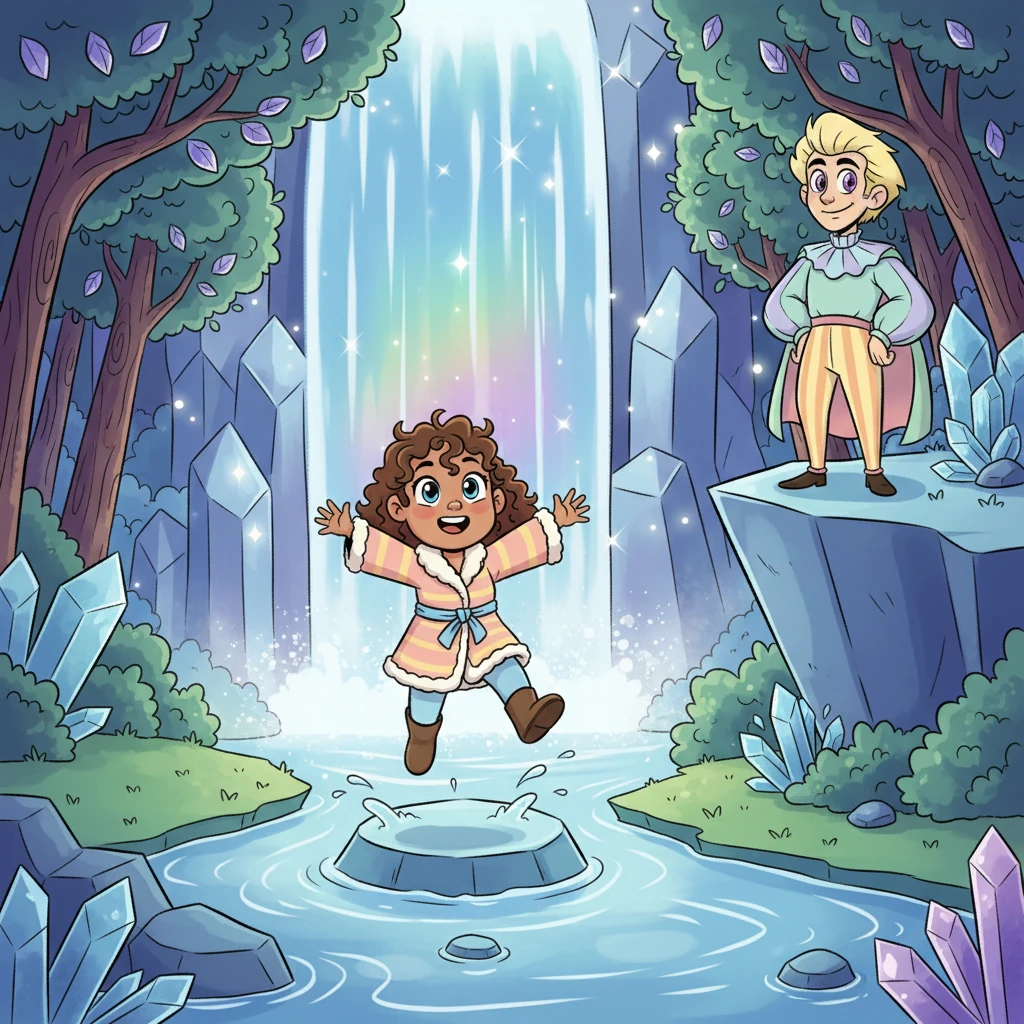 Years fly by in the Crystal Kingdom, and Christine grows into a vibrant, adventurous young girl with sparkling eyes and a cheerful spirit. She explores hidden waterfalls and towering crystal forests, always with a sense of wonder and joy. Jareth, now her devoted guardian, watches over her with a proud, loving smile, his presence a comforting, magical anchor.