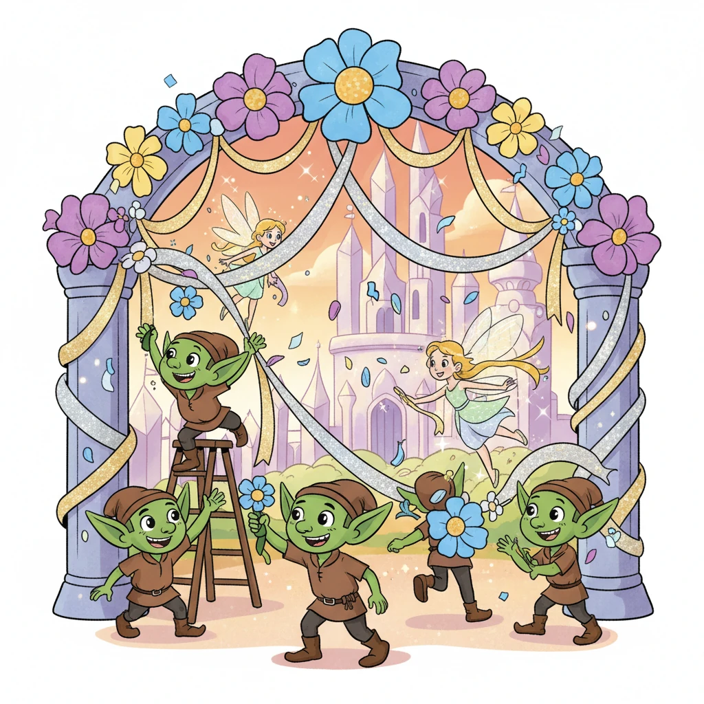 The entire Crystal Kingdom buzzes with excitement as preparations begin for Christine's coming-of-age celebration, a grand festival to honor her journey and the special bond she shares with Jareth. Goblins hang garlands of glowing flowers, and sprites weave sparkling ribbons through the castle archways. Everyone works with joyful, exaggerated enthusiasm.