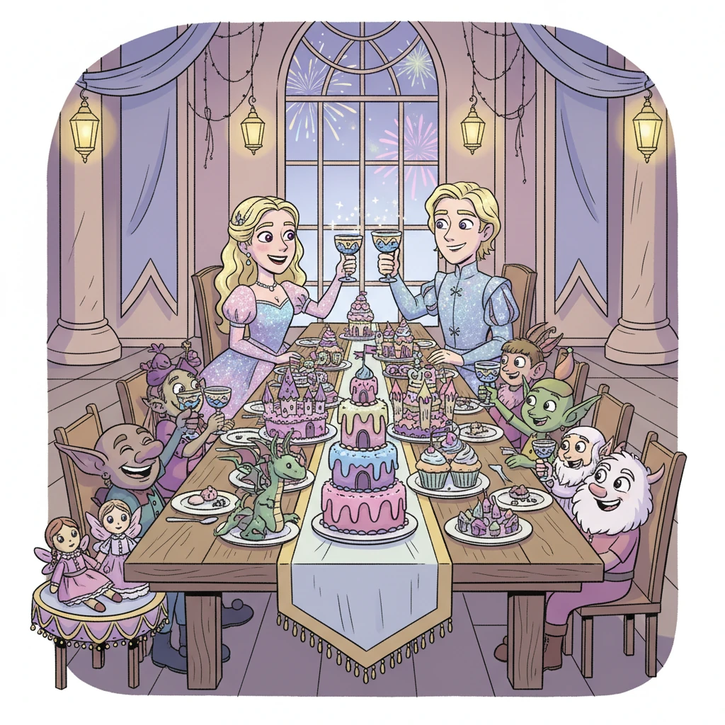 The celebration is in full swing! Jareth and Christine, both dressed in their finest, most sparkling attire, sit at the head of a magnificent, long table laden with fantastical treats and cakes shaped like castles and dragons. All their magical friends cheer and raise their tiny goblets in a toast. Her two cherished dolls sit proudly at a miniature, decorated table beside them.