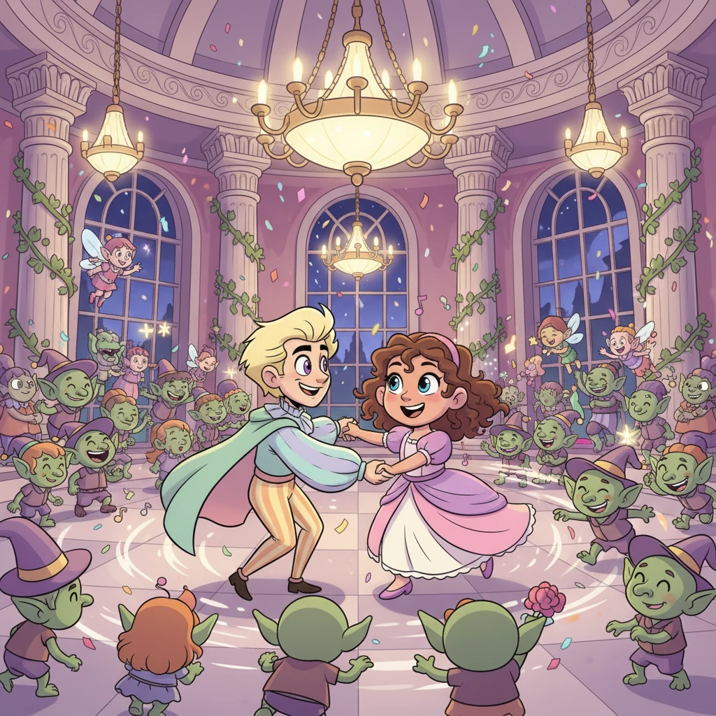 The music fills the air, and Jareth and Christine share a joyful, twirling dance in the center of the grand ballroom, their laughter echoing through the hall. Goblins, fairies, and all the magical creatures of the kingdom join in, creating a swirling spectacle of colors and movement. Their dance is a beautiful expression of their unique, loving family.