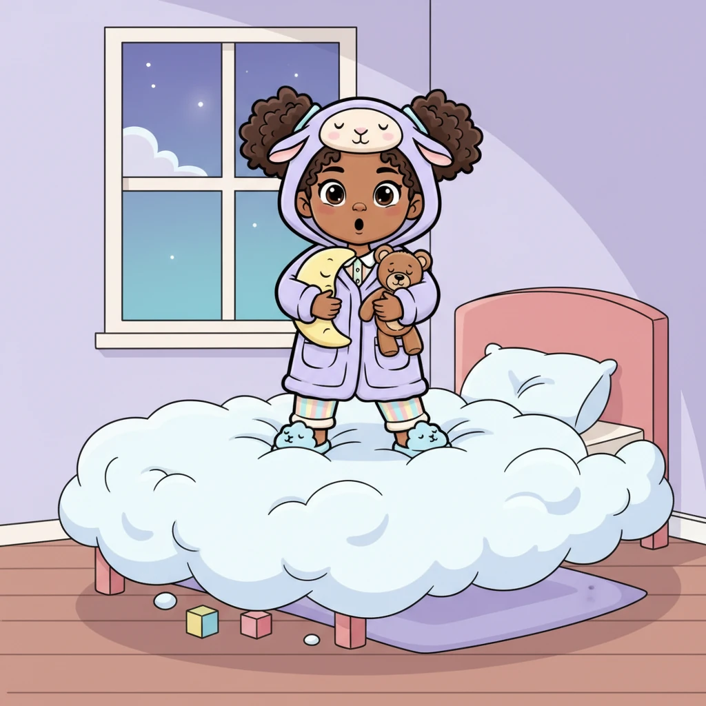 Suddenly, a gentle rumble tickled her blanket, and her bed began to lift, ever so slowly, from the floor! It wasn't a bed anymore; it was a big, fluffy cloud, soft as a marshmallow. Gracie gasped, her eyes sparkling with surprise and wonder.