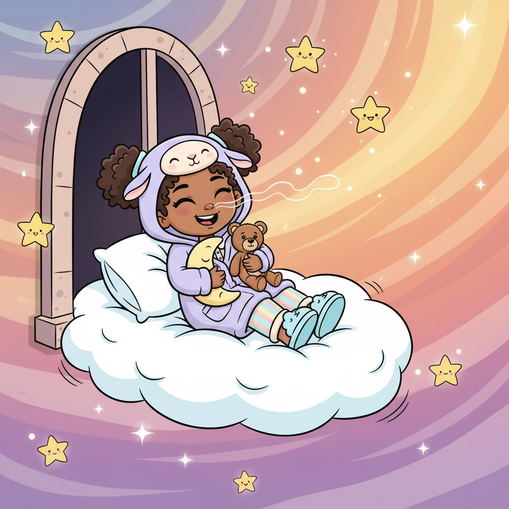 The cloud-bed drifted gracefully out her open window, into a sky painted with swirls of lavender and tangerine. Twinkling stars, each with a tiny, friendly smile, blinked hello. Gracie giggled as a soft, warm breeze tickled her nose.