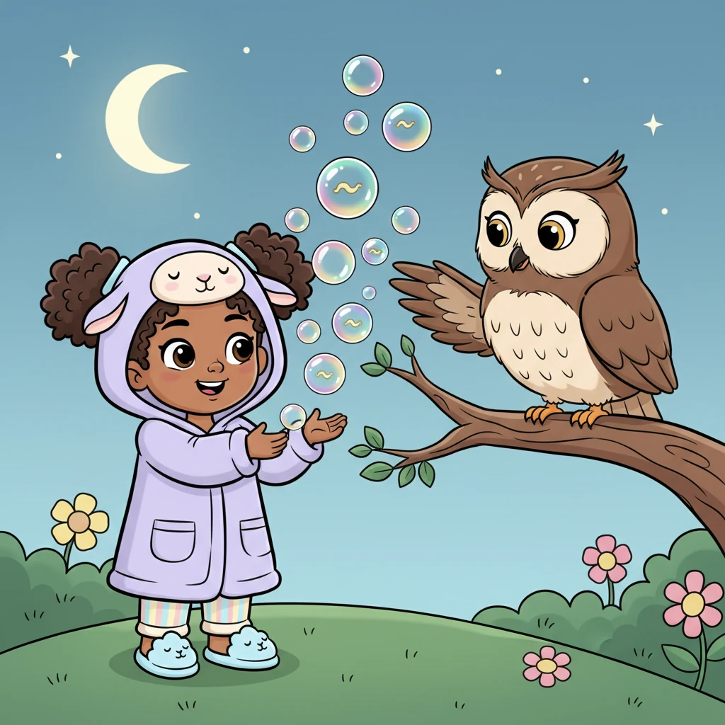 The wise owl showed Gracie how to blow magical 'sleepy bubbles' from her fingertips. Each bubble shimmered with all the colors of a rainbow and drifted lazily through the air, carrying tiny, invisible yawns.