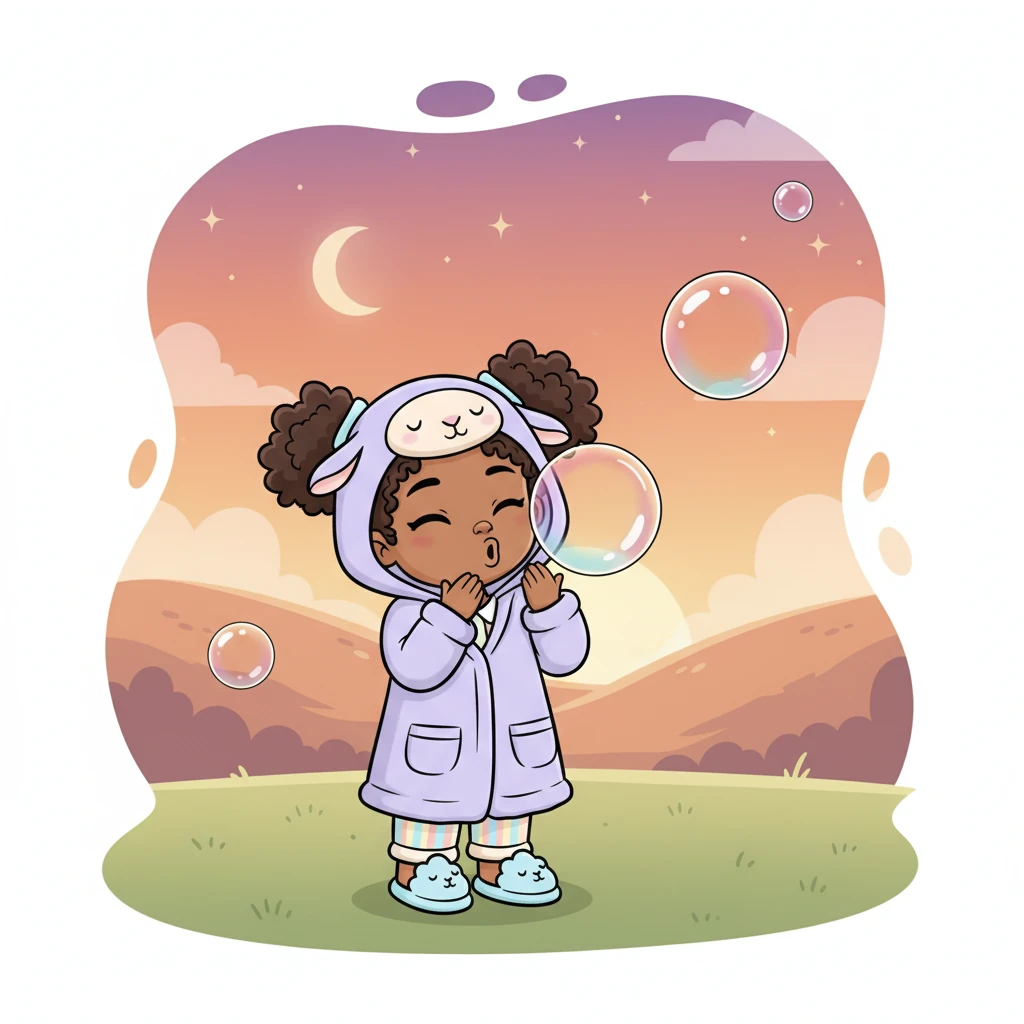 Gracie blew a big, round bubble, watching it float away slowly. As she watched, a tiny yawn escaped her own lips, feeling warm and cozy. She blew another, and another, feeling lighter with each one.