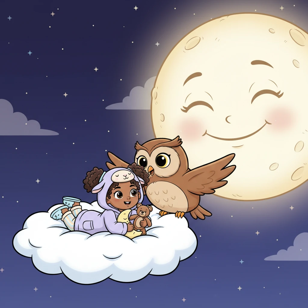 The friendly owl gave a soft hoot and gently nudged Gracie's cloud-bed towards a giant, radiant moon. The moon wasn't just bright; it looked like the softest pillow in the whole wide sky, smiling down with a comforting glow.