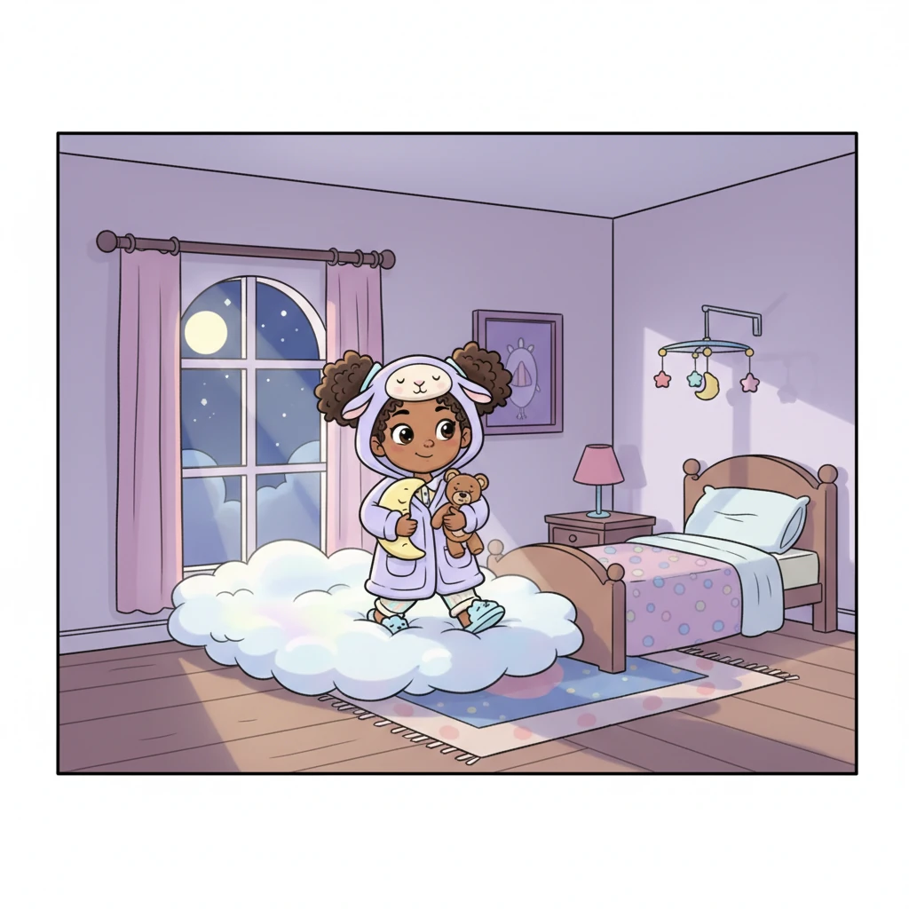 With a final, gentle sway, the cloud-bed drifted back through Gracie's window, settling quietly onto the floor of her room. The room was now peaceful and still, bathed in a soft, dreamy light.