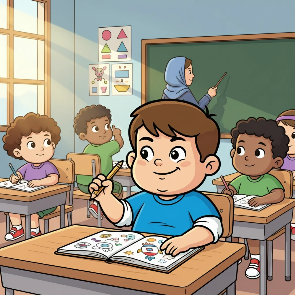 پرهام با موهای کوتاه و چهره‌ای بشاش، در کلاس درس نشسته بود. او به درس توجهی نداشت و با مدادش روی دفتر نقاشی می‌کشید، در حالی که معلم توضیح می‌داد. لبخندی شیطنت‌آمیز بر لب داشت و به اطراف نگاه می‌کرد.