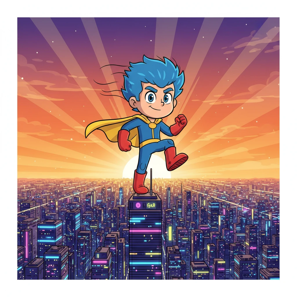 Jet Dynamo stood atop the tallest skyscraper in Neo-Vivid City, the setting sun painting the sky in fiery oranges and purples. Neon lights from below twinkled like scattered jewels, reflecting in his determined eyes. A gentle breeze ruffled his spiky blue hair, a symbol of the immense courage bubbling within him.