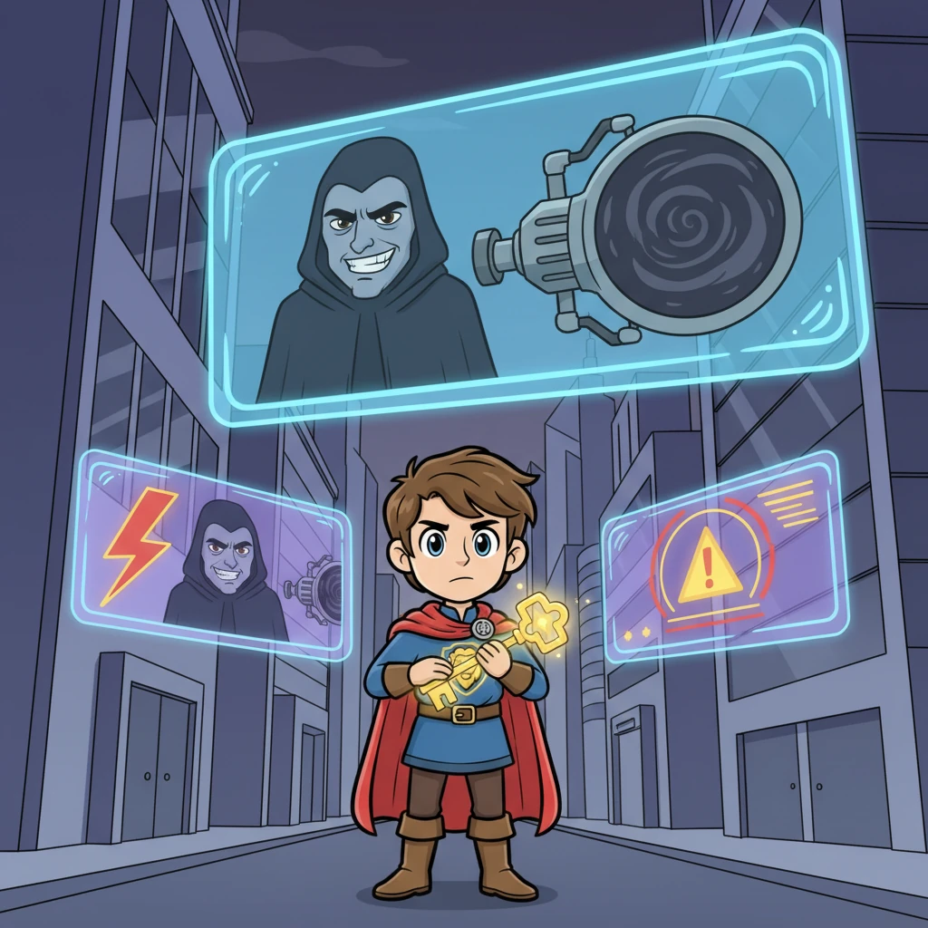 Suddenly, a city-wide news alert flashed across every giant holographic screen: the notorious Gloom Syndicate announced their plan to plunge the world into eternal darkness using a newly developed energy siphon. Jet clutched the Cosmic Key, realizing its connection to the Syndicate's sinister plot and his urgent responsibility. His cheerful face turned serious, a spark of resolve in his eyes.