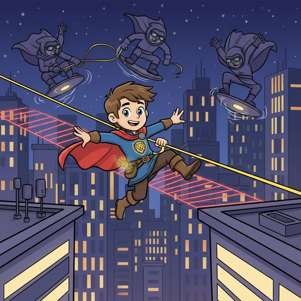As Jet raced across connecting rooftops, the Gloom Syndicate’s clumsy but persistent agents gave chase on hoverboards. He leaped over gaps with exaggerated bounds, zipped down zip lines, and slid under laser grids with agile grace, the Cosmic Key safely tucked away. The city lights blurred into streaks of color as he outmaneuvered his pursuers.