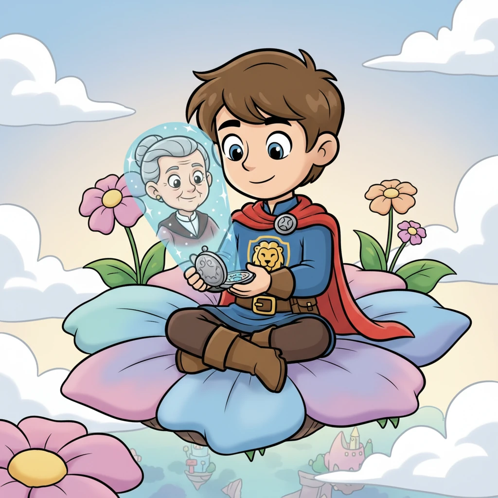 Finding momentary refuge in a quiet, blooming sky-garden, Jet gazed at a small, holographic locket containing a smiling image of his late mentor, Professor Anya. Her gentle smile and wise words echoed in his mind, reminding him of her lessons on responsibility and kindness. He took a deep breath, drawing strength from her memory.