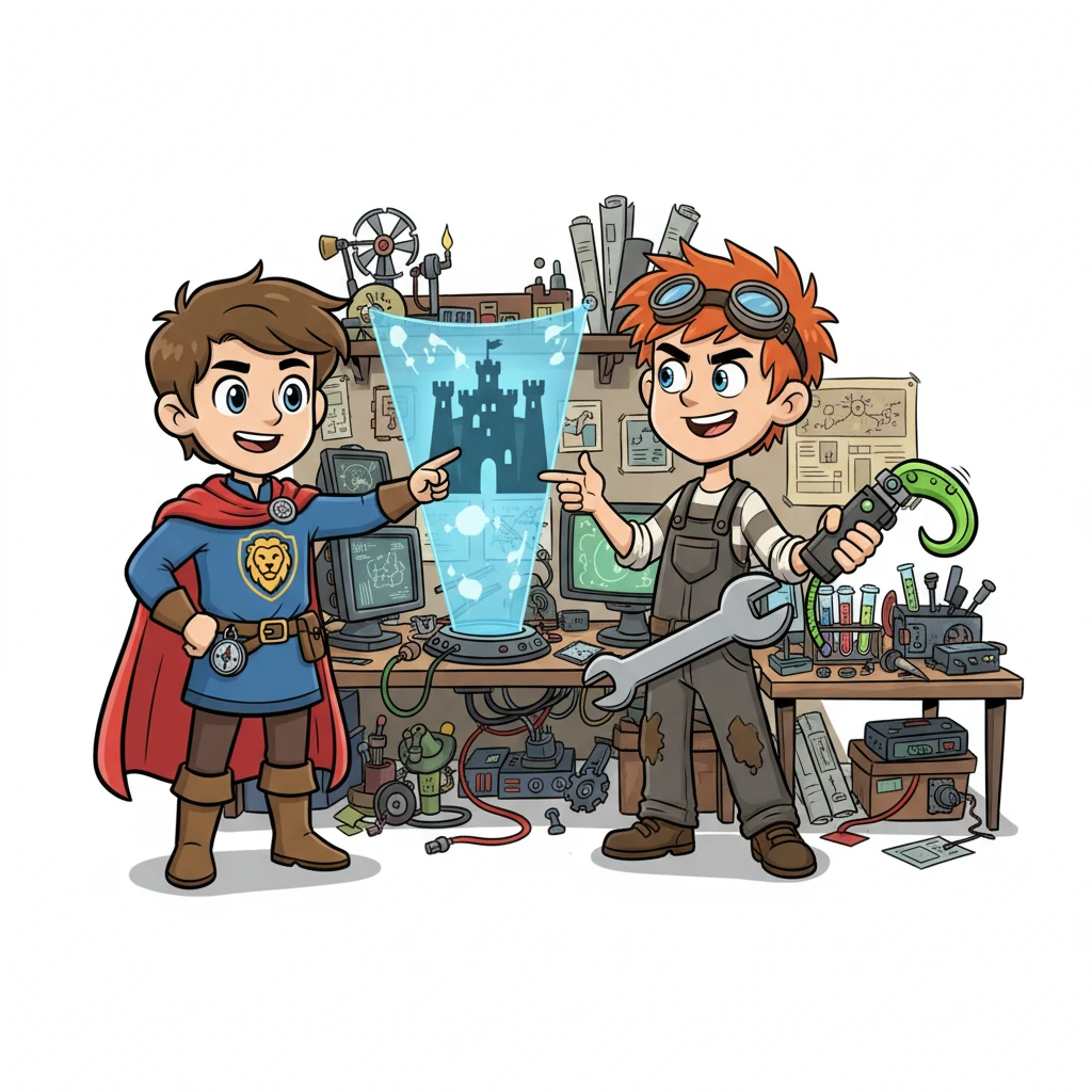 Jet met his best friend, Byte, a brilliant inventor with a perpetually oversized wrench, in their secret gadget lab. Together, they projected a shimmering 3D map of the Gloom Syndicate’s main fortress, strategizing their infiltration with playful hand gestures and determined nods. Byte quickly whipped up a new device, a super-sticky grappling hook, with a grin.