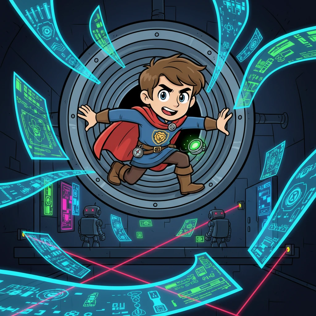 Using Byte’s gadgets, Jet cleverly navigated the Syndicate’s neon-lit underground lair, dodging laser tripwires and ducking past patrolling robot guards. Holographic projections of data streamed around him, creating a dazzling but dangerous maze. He crept through vents, his heart pounding with a mix of excitement and daring.