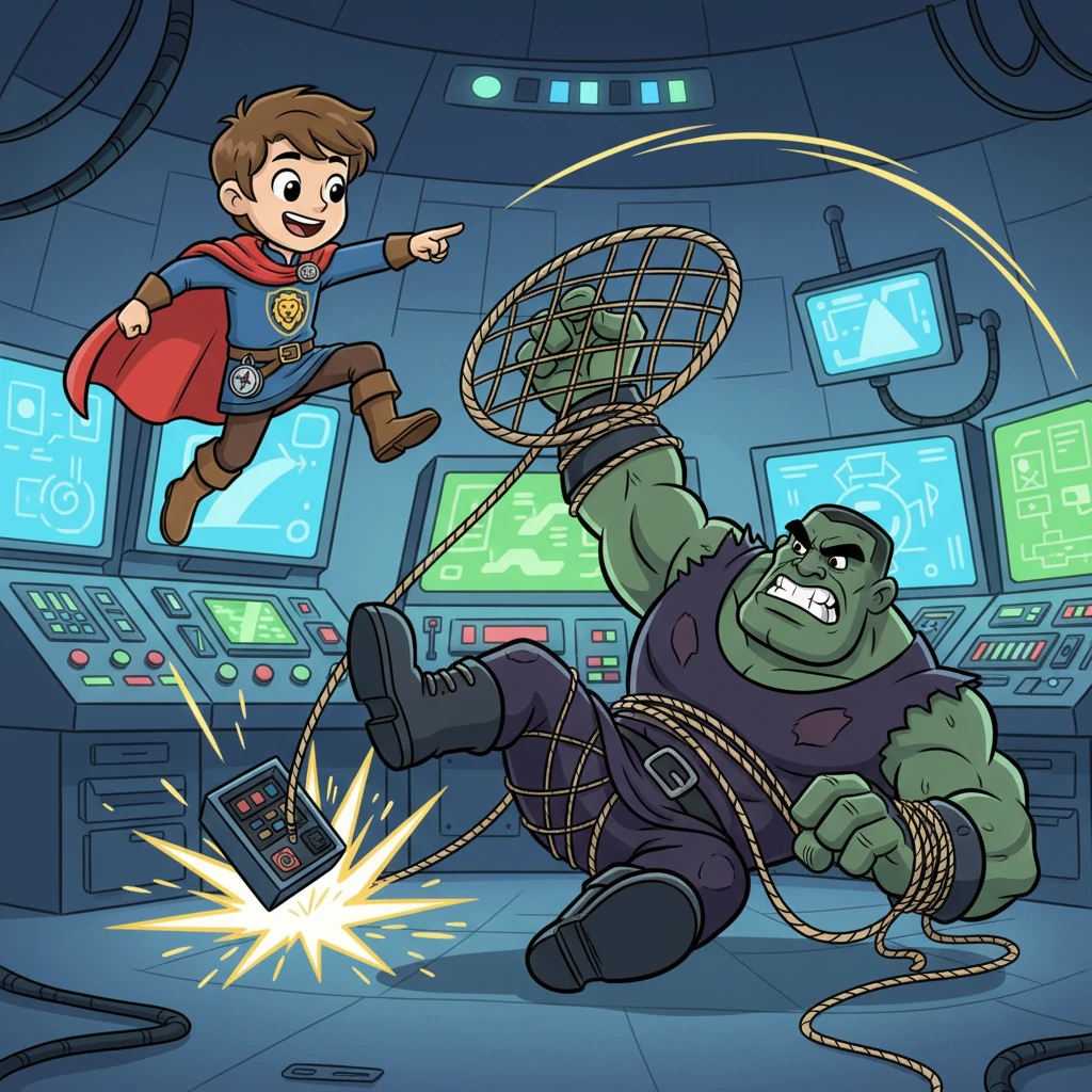 In a dazzling control room, Jet confronted Fang, the Syndicate’s hulking, growling henchman, whose exaggerated strength was matched only by his clumsiness. Jet used his quick wits and nimble feet, turning Fang’s own powerful swings against him in a comical, dynamic dance of dodges and tumbles. Fang ended up tangled in his own oversized net.