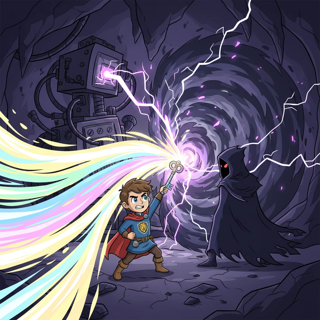 Jet finally reached the menacing leader of the Gloom Syndicate, cloaked in shadow, amidst a swirling electrical storm generated by their dark machine. With a surge of courage, Jet activated the Cosmic Key, unleashing a wave of pure, vibrant light that clashed spectacularly with the Syndicate's gloomy energy. The two powers collided in a stunning display.