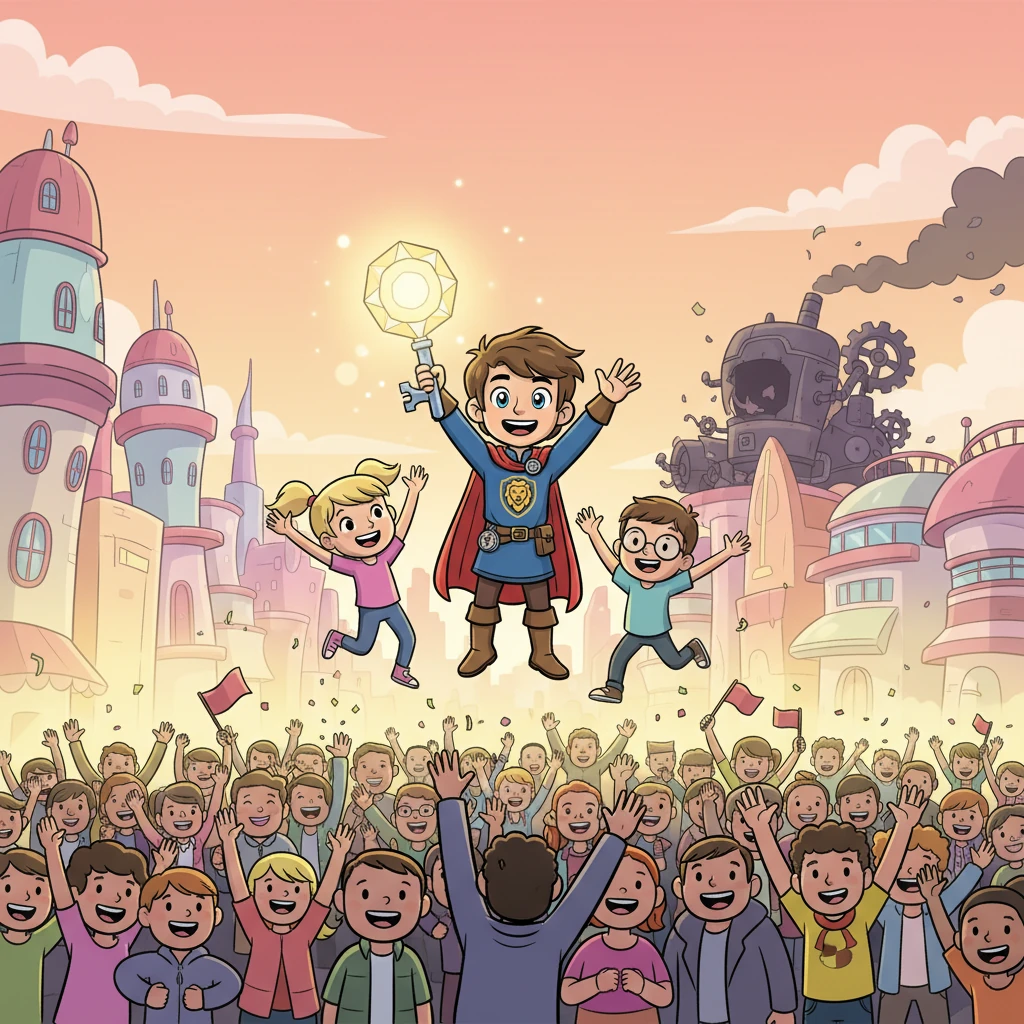 With the Gloom Syndicate defeated and their dark machine powered down, Jet stood triumphant, the Cosmic Key glowing softly in his hand. Neo-Vivid City sparkled brightly under a clear, dawn sky, its citizens cheering. Jet, surrounded by his happy friends, knew his journey had just begun, a true hero ready for any future adventure.