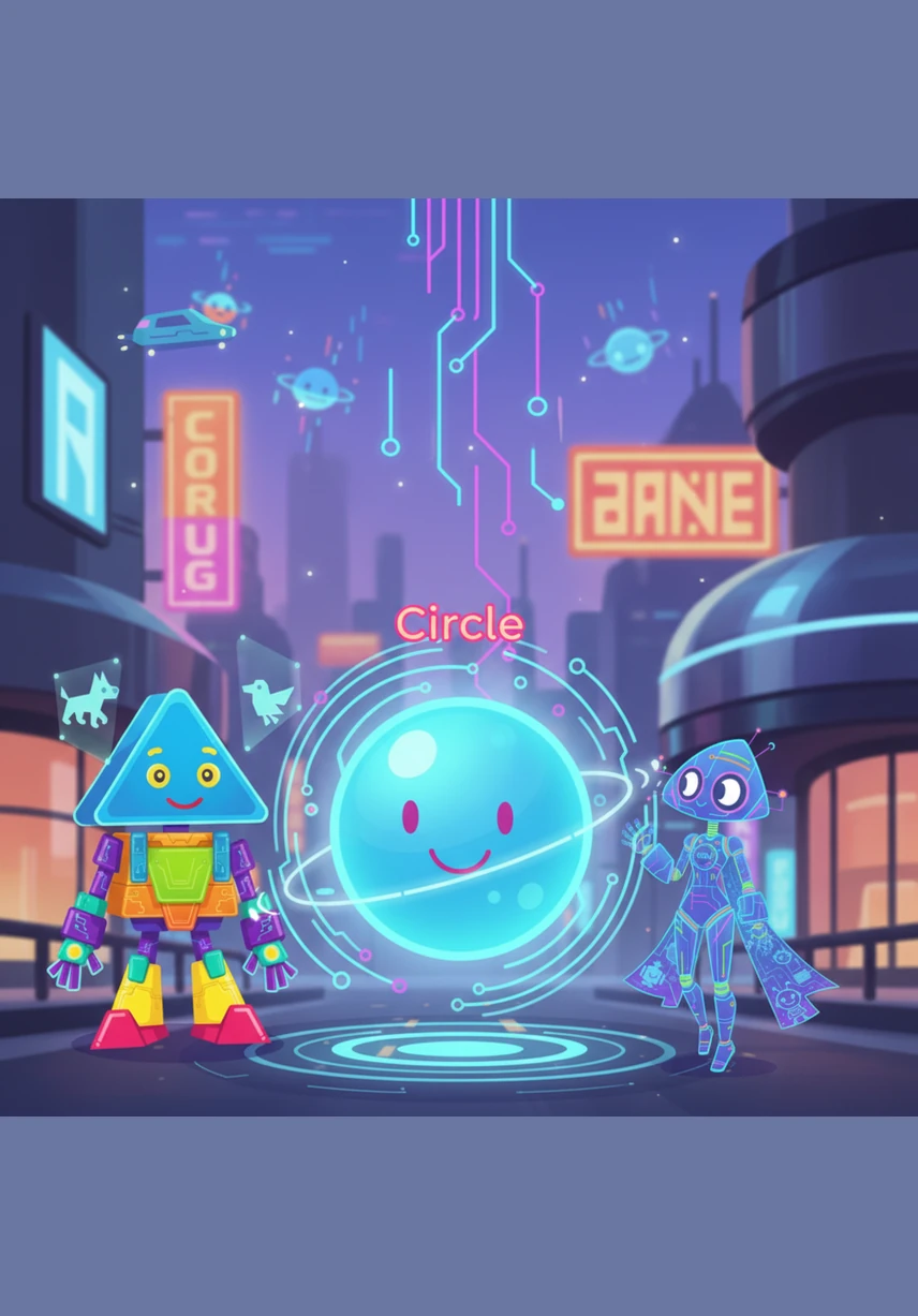 A soft, rolling sound announced the arrival of Circle, a cheerful friend who spun in endless loops without ever stopping. Circle brought the gift of movement and harmony, showing the others that life doesn't always have to be straight or pointy.