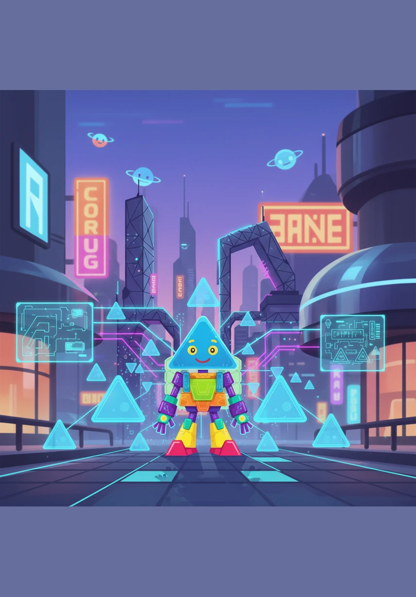 Triangle multiplied himself to create the roofs of colorful houses and the tall, pointed trees of a growing forest. His steady form provided shelter and safety, making the new world feel like a secure home for everyone.