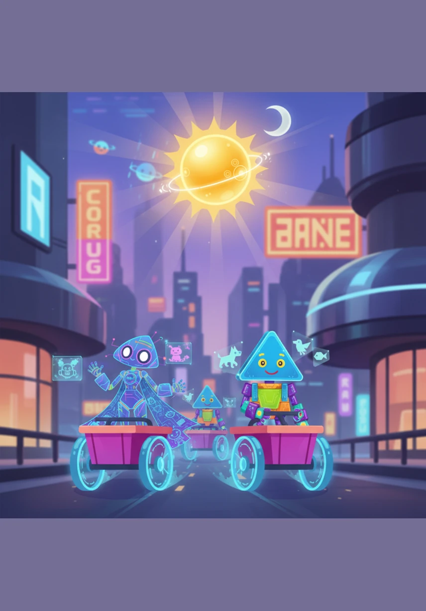 Circle bounced into the sky to become a warm, golden sun that bathed everything in light, and later, a glowing silver moon. She also became the wheels of the wagons, allowing the friends to travel through their beautiful new creation with ease.