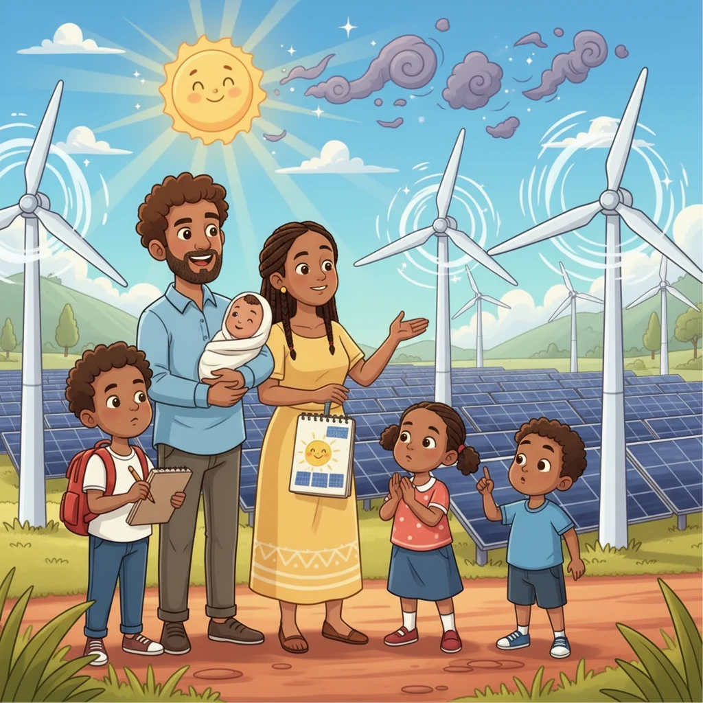 First, they visited a giant solar farm! Mama explained that the sun’s energy helps clean the sky of “smoke monsters”. Miran drew a big, friendly sun and the shiny solar panels. “Whoooosh!” went the wind as it turned the turbines. Mamen kept asking “Why?”