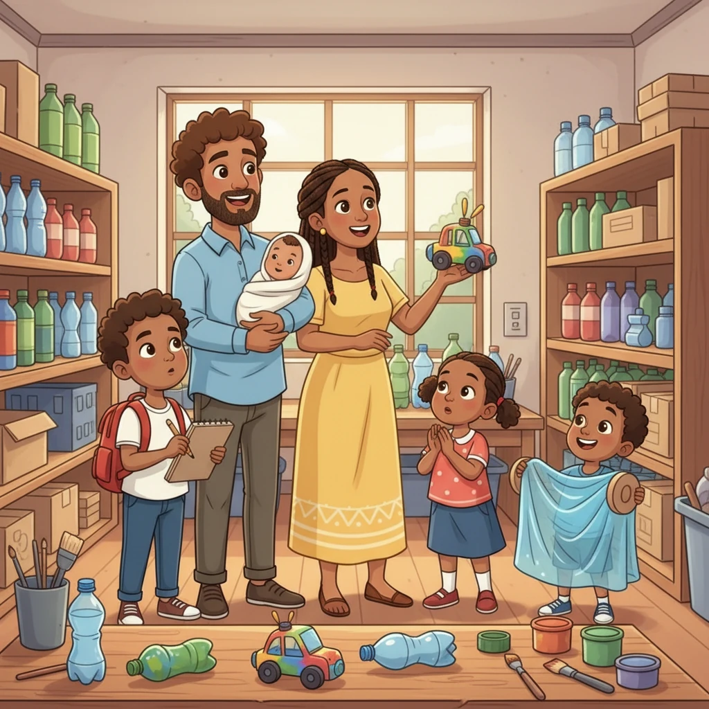Next, they went to a recycling workshop. Mamen wondered how old bottles could become toys! Mama showed how waste could be treasure, turning old things into new. Milu, with a playful giggle, pretended to be a bottle turning into a colorful toy.