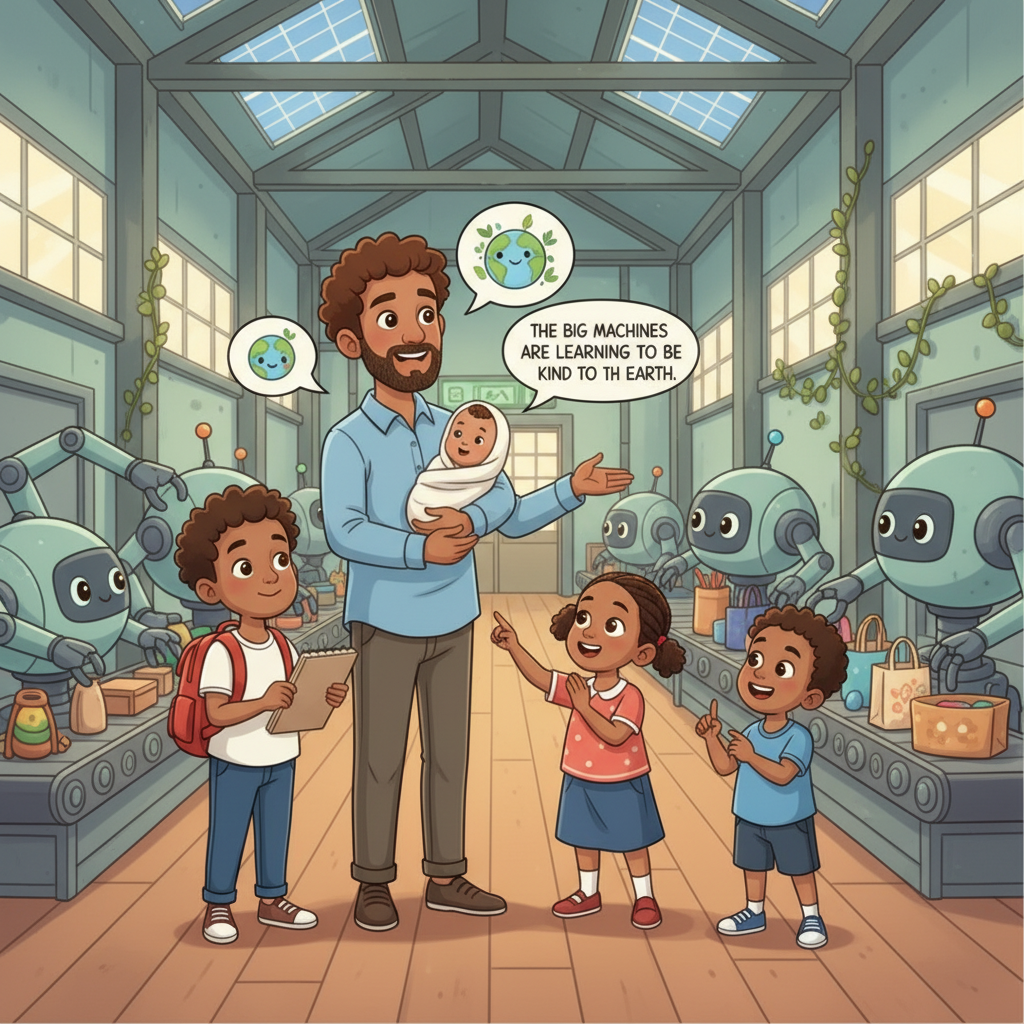At a green factory, Papa explained how big machines are learning to be kind to the Earth. The factory was filled with friendly robots that create useful items. Miran drew the machines, and Mesale, pointing, giggled happily. The family was mesmerized by how things are made responsibly.