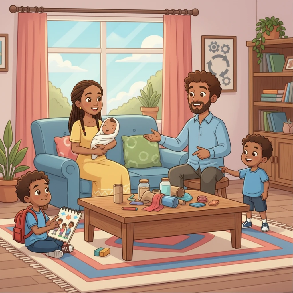 Back home, the family gathered around, discussing their adventure. Miran drew a picture of the whole family, with a beautiful blue sky overhead. They talked about saving energy and reusing things, a circular economy at its best!