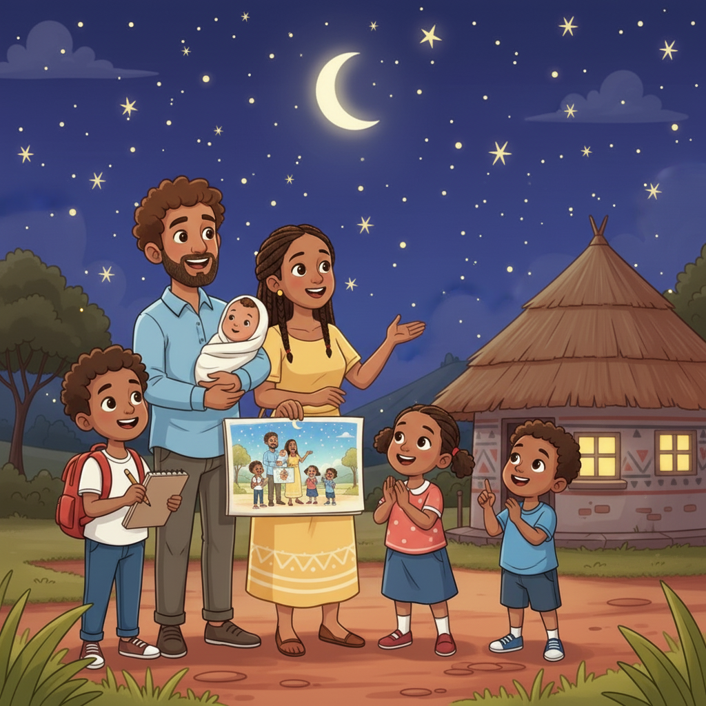Finally, Papa and Mama said, “You are all Little Guardians of the Earth!” Miran, Mamen, Milu, and Mesale all felt proud. The children knew they could make a difference by helping the sky stay blue. Miran's final drawing showed their family under a clear, bright sky, filled with stars.
