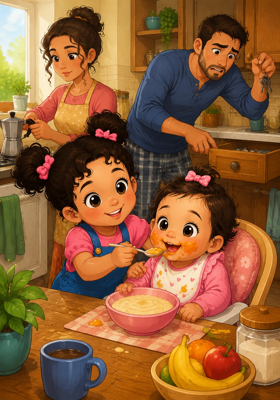 Ce matin, c'est le chaos dans la cuisine pendant le petit-déjeuner (breakfast). Sakina, la maman, essaie de préparer le café pendant que Reda, le papa, cherche ses clés, mais Zineb arrive à la rescousse pour aider Hiba à manger sa bouillie sans en mettre partout.