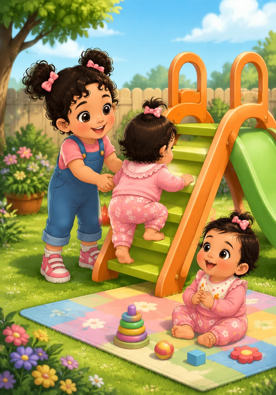 Dans le jardin, le soleil brille sur le magnifique toboggan orange à la pente couleur pistache. Zineb tient fermement la main de Joudya pour l'aider à grimper les marches (stairs) en toute sécurité, tandis que Hiba observe avec de grands yeux émerveillés depuis son tapis de jeu.