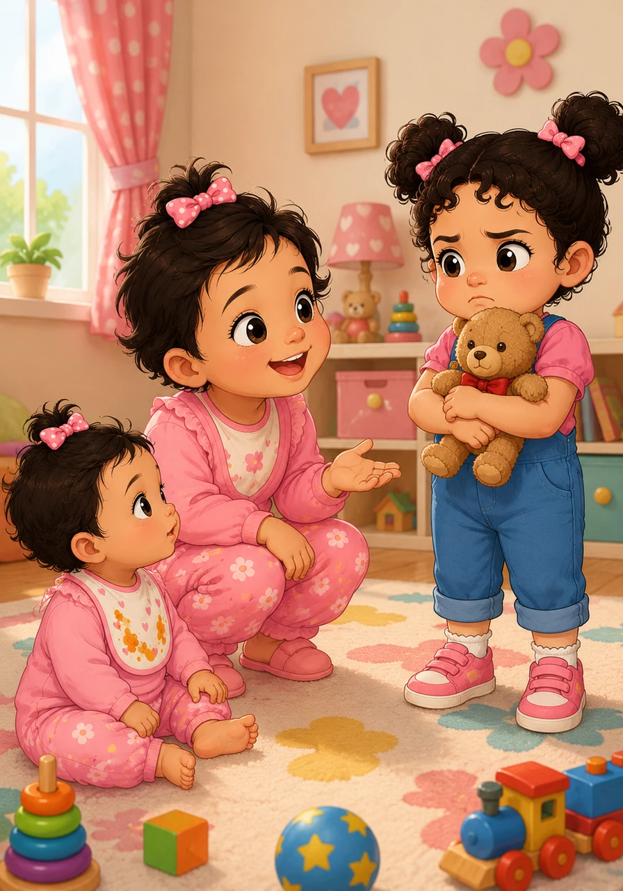 Soudain, Joudya ne veut plus prêter son ours en peluche préféré à sa petite sœur. Zineb s'accroupit et lui explique avec un grand sourire l'importance de partager (share) ses jouets pour que tout le monde puisse s'amuser ensemble.