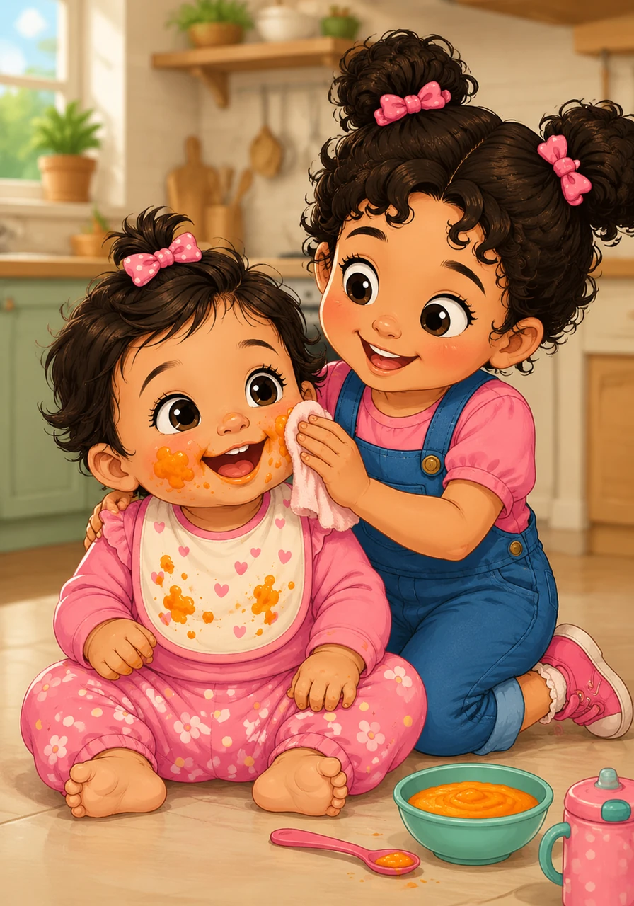 C'est l'heure du goûter, et Hiba a décidé de se transformer en artiste en s'étalant de la purée de carottes sur les joues. C'est vraiment drôle (funny), et Zineb aide ses parents à nettoyer la petite frimousse orangée avec beaucoup de patience.