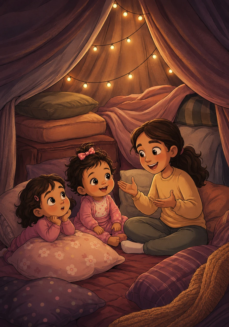 Plus tard, les trois sœurs décident de construire une immense cabane avec des coussins et des couvertures. À l'intérieur de leur petite maison (house) imaginaire, Zineb raconte des histoires de dragons gentils et de princesses courageuses à ses sœurs attentives.
