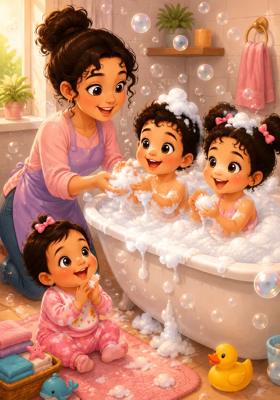 Après une longue journée de jeux, il est temps de se laver pour être bien propre (clean). Zineb aide Reda et Sakina à préparer le bain moussant, transformant la salle de bain en une mer remplie de bulles magiques pour le plus grand bonheur de Joudya.