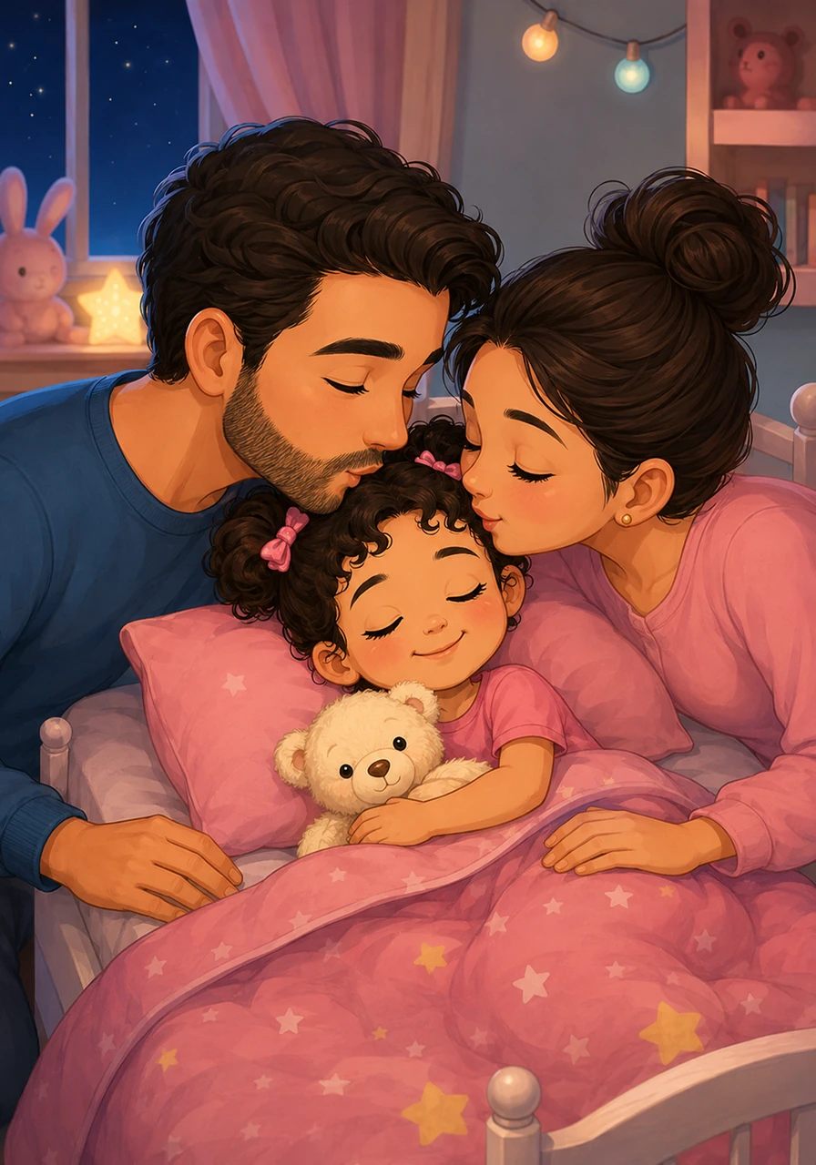 Avant de dormir, ses parents l'embrassent tendrement en lui disant combien ils sont fiers de sa gentillesse. Zineb s'endort avec le sourire, sachant que l'amour de sa famille (family) est le plus beau des trésors et qu'aider les autres la rend vraiment heureuse.
