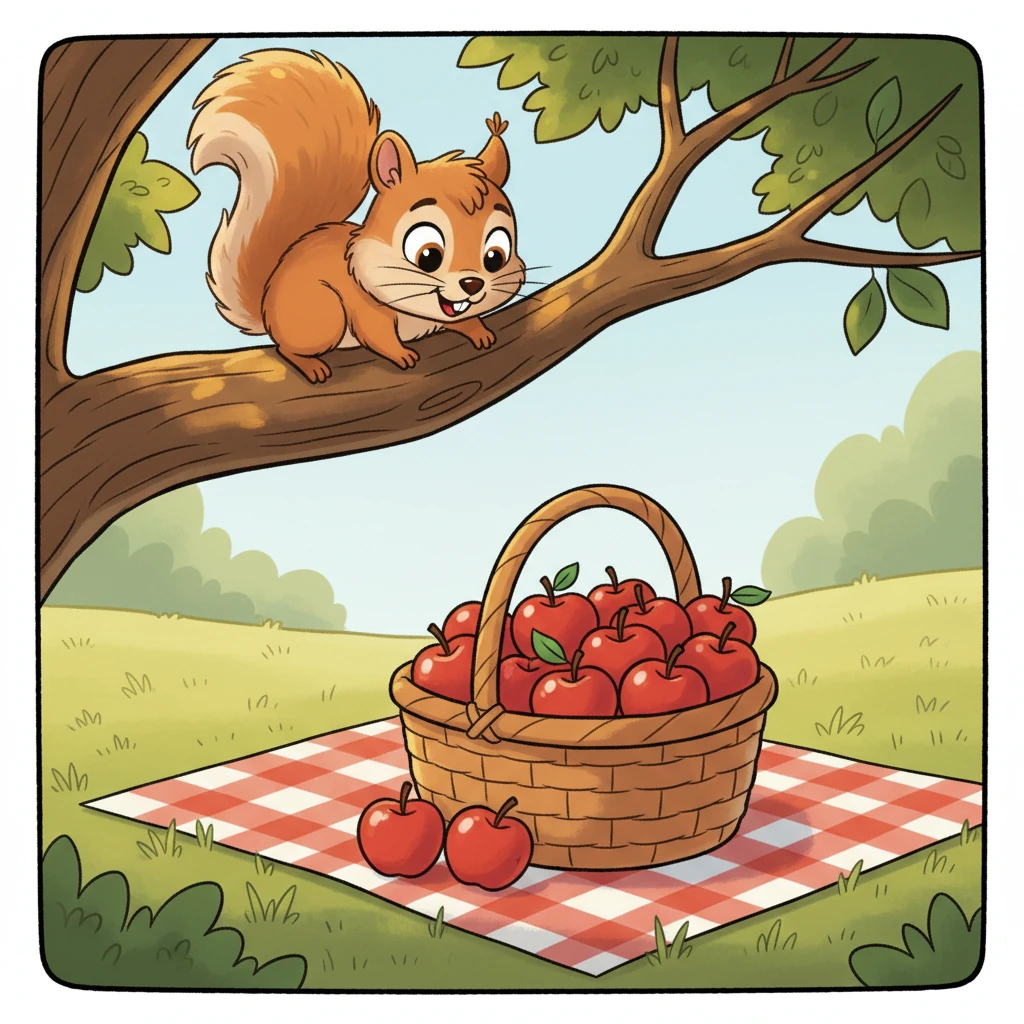 Pip, a little squirrel with bushy tail, sat on a sun-drenched branch, looking down at a cozy, red-checkered picnic blanket. On the blanket sat a big, woven basket, overflowing with shiny, red apples. Pip’s eyes were wide with curiosity, a tiny smile playing on his whiskered face.