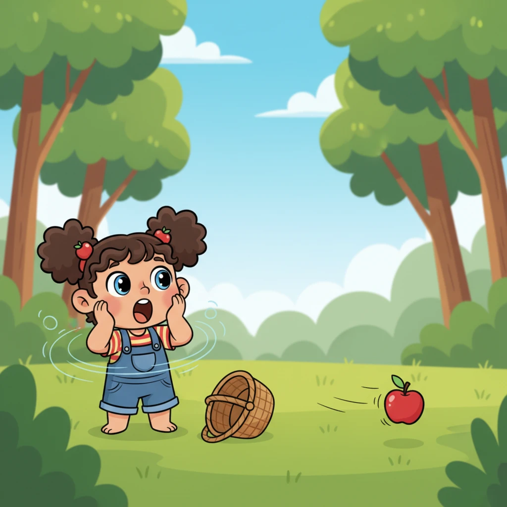 Suddenly, a gust of wind playfully tossed a bright red apple from the basket, sending it rolling away. Pip gasped, his paws flying to his cheeks in surprise. The apple bounced happily across the grass, heading towards the edge of the clearing.