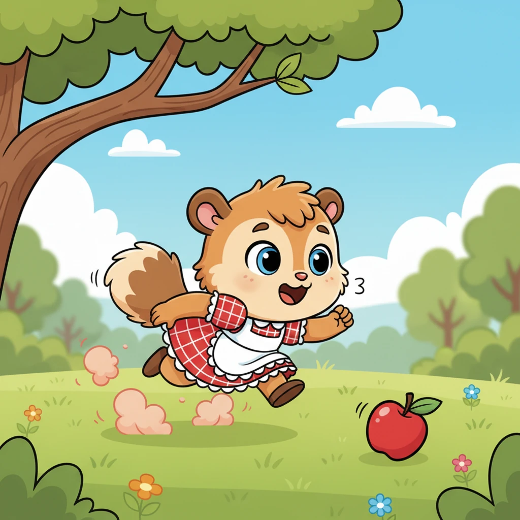 Pip, determined to help, leaped from the branch with a joyful squeak, his tail twitching excitedly. He landed softly on the grass, his tiny feet already scampering after the runaway apple, a trail of cheerful dust puffing behind him.