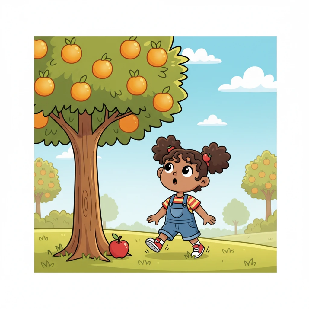 The apple rolled right up to a tall, leafy orange tree, bumping gently against its sturdy trunk. Pip skidded to a halt, looking up at the tree's branches, which were laden with dozens of plump, glowing oranges. He had never seen so many oranges before!