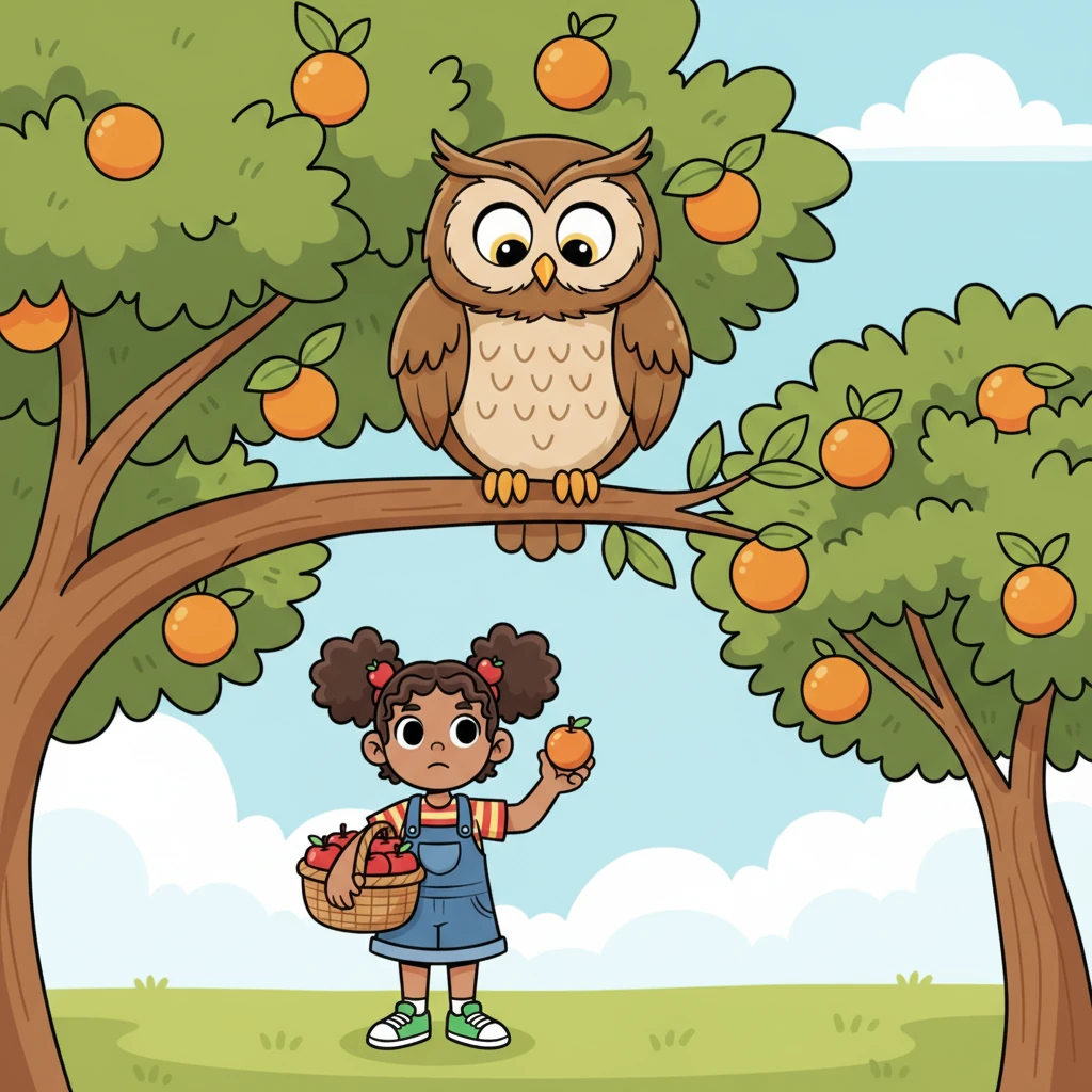 A wise old owl, perched high on a branch of the orange tree, blinked slowly at Pip. "Hoo-hoo, little friend!" hooted the owl kindly. "Did you bring that lovely apple to join our orange family?"
