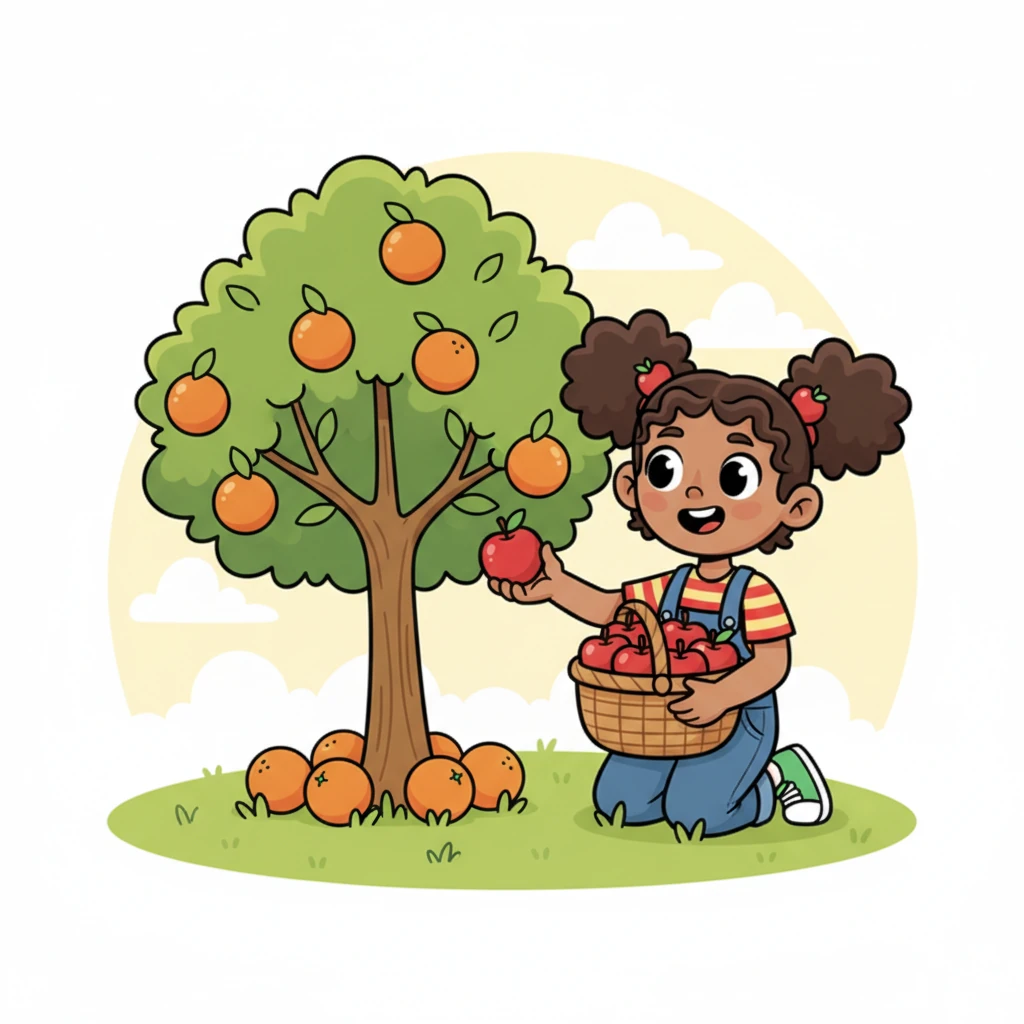 Pip, a little shy but beaming, nodded enthusiastically. He carefully nudged the red apple closer to the tree's base, as if introducing it to the oranges. The vibrant red and bright orange made a beautiful, colorful contrast.