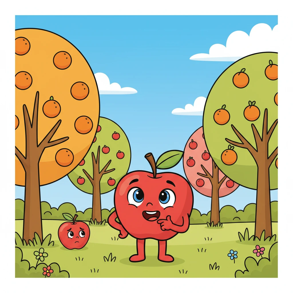 Inspired by the owl's words, Pip imagined the apple feeling lonely. He decided to find a way to bring some oranges down to keep the apple company. He looked around for ideas, his head tilted in thought.