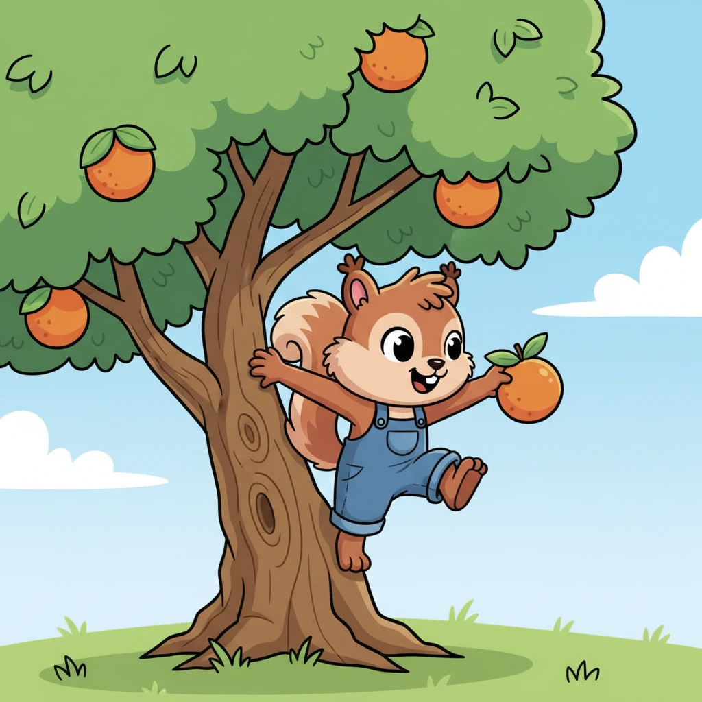 With a burst of energy, Pip began to climb the orange tree, his nimble claws gripping the bark. He carefully navigated through the leaves, his little body a blur of motion, reaching for the lowest hanging oranges.