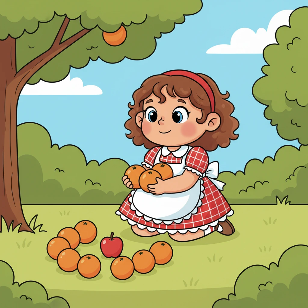 He gently wiggled an orange free from its stem, then another, and another! Pip carefully carried three ripe oranges down to the ground, placing them around the red apple. The fruits looked like a happy, colorful circle of friends.