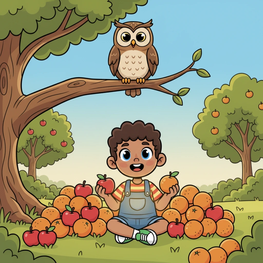 Pip sat proudly amidst the apples and oranges, his mission accomplished. The wise owl hooted softly from above, and Pip felt a warm glow in his heart, knowing he had brought new friends together. He knew his orchard quest was a success.